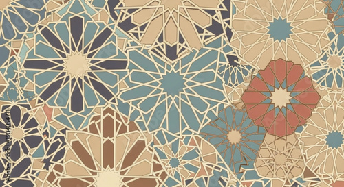 Vibrant floral mosaic pattern with geometric shapes and pastel colors