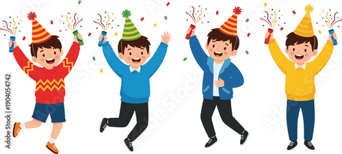 Happy kids celebrating birthday party with colorful hats and confetti, joyful children jumping together, cheerful cartoon illustration isolated on white background for festive design use