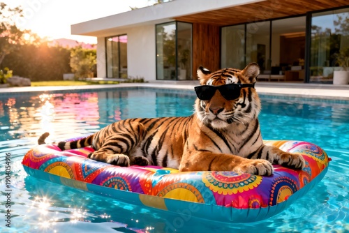 A cool tiger in sunglasses relaxes on a colorful pool float, blending wildlife with modern luxury under a warm sunset glow. 