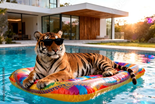 A majestic tiger wearing sunglasses relaxes on a colorful pool float, blending wildlife charm with modern luxury in a playful summer scene.  