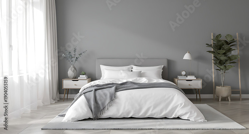Modern Minimalist Bedroom Interior Design with Grey and White Decor.