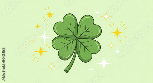 Lucky four leaf clover with sparkling stars on green background