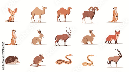 Collection of diverse desert animals in a flat vector style.