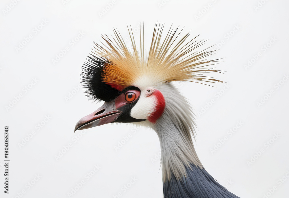 Fototapeta premium Head of joyful Crowned Crane, side view, white background