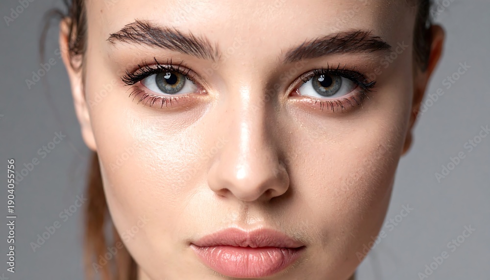 Fototapeta premium Close-up Portrait of a Young Woman with Natural Makeup and Expressive Eyes.