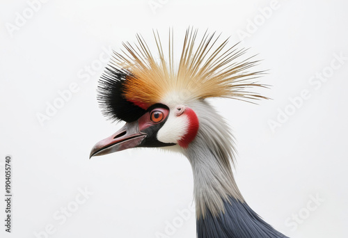 Head of joyful Crowned Crane, side view, white background