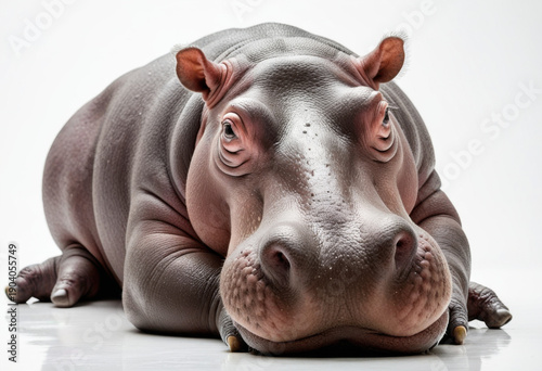Big relaxed hippopotamus on white background