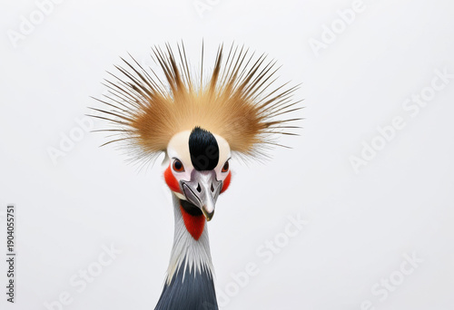Close-up portrait of joyful Crowned Crane, front view, white background