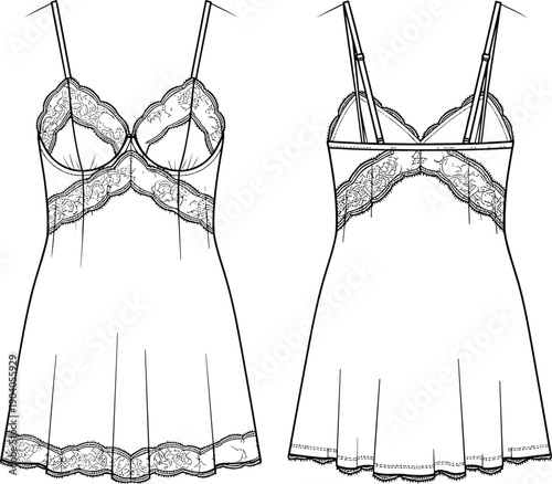 Lace nightgown and slip dress technical fashion sketch set, elegant women lingerie illustration, sleeveless sleepwear design isolated on white background for apparel concept