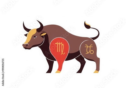 Flat illustration of ox, representing strength, diligence, and reliability in the Chinese zodiac.