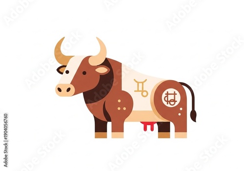 Flat illustration of ox, representing strength, diligence, and reliability in the Chinese zodiac.