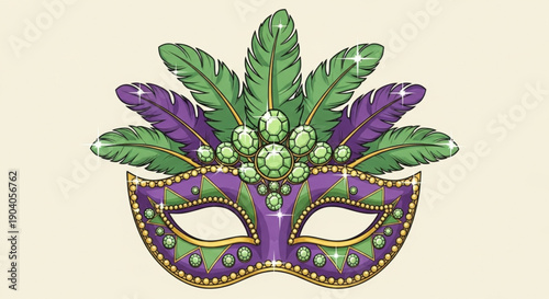 Vibrant mardi gras mask with purple green feathers and beads on cream background