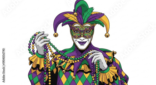 Mardi gras jester wearing colorful mask and beads for carnival
