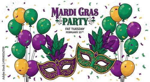 Mardi gras party celebration with colorful masks and balloons