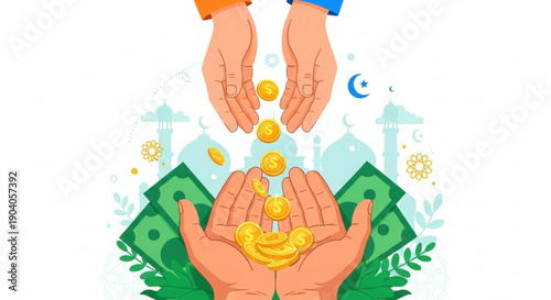 Hands exchanging coins and money with mosque background symbolizing charity and donation