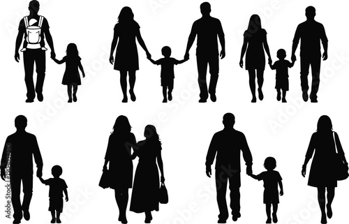 Family silhouettes, parents with children, diverse family groups, parenting illustration, childcare concept, unity, bonding, lifestyle, design resource