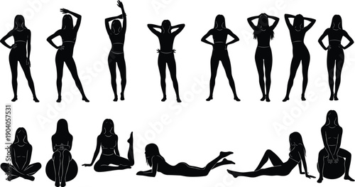 Female silhouette poses collection, standing, sitting, reclining, fitness, yoga, exercise, artistic reference, posture design, creative illustration