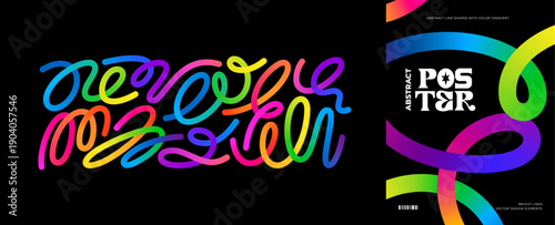 Abstract Gradient Color Lines Pattern. Vector 3D Wave Shapes on Black Background. Wavy Organic Lines Graphics Design. Fun Rainbow Colored Ribbon Set.
