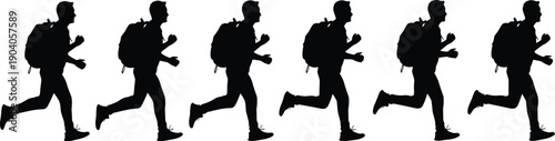Running silhouettes with backpacks in motion sequence, athletic travel concept, fitness activity, progression, journey, exercise, adventure illustration