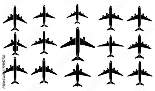 Top View Airplane Silhouette Vector Collection Black Aircraft