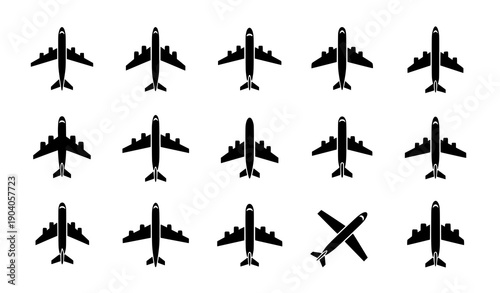 Aircraft Top View Silhouette Icons Black Vector Set