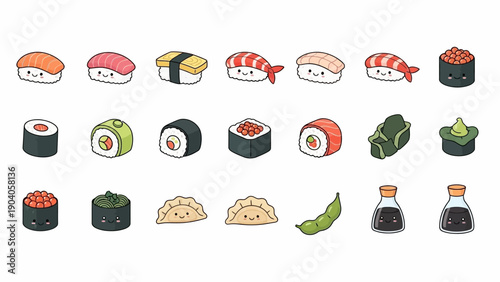 Adorable collection of kawaii sushi, gyoza, and Japanese food illustrations with happy faces.