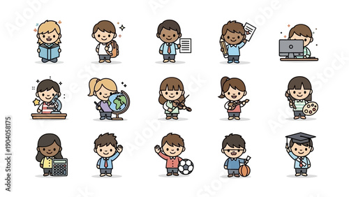 Cute cartoon children engaged in various school and creative activities.