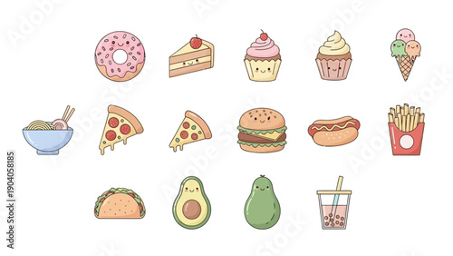 Cute kawaii food icons collection with a white background.