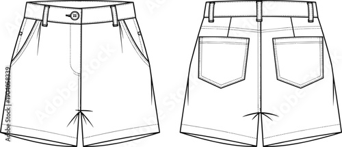 Black and White Technical Vector Illustration of Women High Waisted Shorts Front and Back View for Fashion Design and Manufacturing