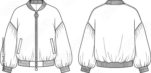 Black and White Technical Vector Illustration of Women Puff Sleeve Bomber Jacket Front and Back View for Fashion Design Manufacturing Streetwear Apparel and Clothing Tech Pack