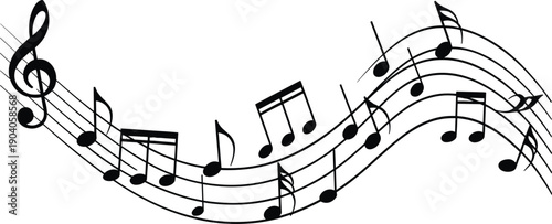 Flowing musical notes and treble clef on wavy staff lines in a clean black and white vector illustration for melody and song concepts.