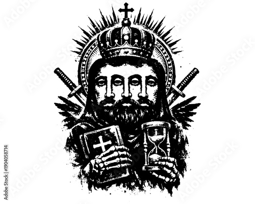 Sacred King Jesus Christ Illustration Black White Religious Engraving Style Christian Icon Faith Power Symbol Art for Posters CNC