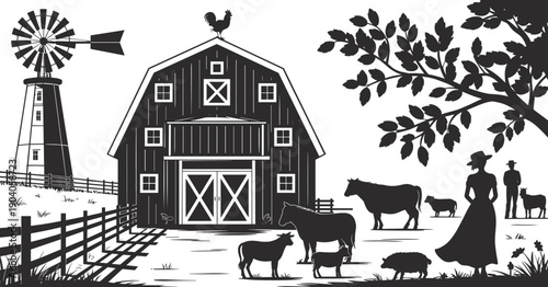 Countryside farm scene with barn, windmill, farmers, and livestock animals silhouette, rural agriculture illustration representing country lifestyle, farming life, and nature concept design