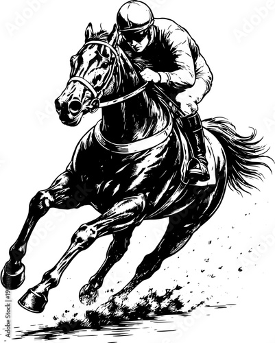 Horse Racing Jockey Illustration Black White Dynamic Line Art Sport Speed Power Engraving Style Design for Posters Tattoos CNC
