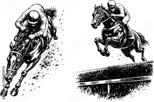 Horse Racing Jockey Action Illustration Black White Dynamic Angles Jumping and Sprinting Perspective Engraving Style Sport Art
