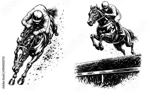 Horse Racing Jockey Action Illustration Black White Dynamic Angles Jumping and Sprinting Perspective Engraving Style Sport Art