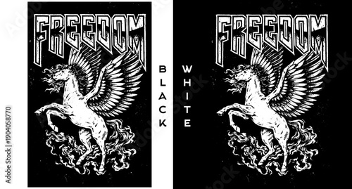 Freedom Pegasus Illustration Black White Winged Horse Symbol Power Liberty Engraving Style Design for T Shirts Posters CNC