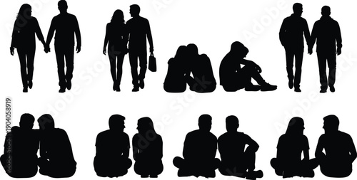 Couple silhouettes vector illustration set, people walking and sitting together poses collection, romantic relationships, social interaction concepts, black isolated figures on white background