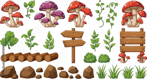 Enchanted forest game asset collection featuring red and purple toadstool mushrooms, wooden signposts, logs, rocks, grass, and leafy vines in flat cartoon style.