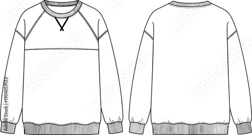Black and White Vector Illustration of an Oversized Crewneck Sweatshirt Technical Flat Sketch Showing Front and Back Views for Streetwear Fashion Design and Apparel ManufacturingBlack and White 