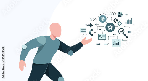 A bald man in a blue shirt and black pants presenting business icons and graphs floating in the air against a white background.