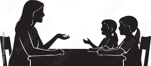 Mother talking with children at desk silhouette illustrating home schooling communication and educational guidance in classroom