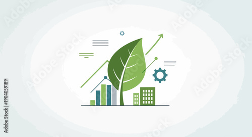 Flat lay illustration of a green leaf with graphs and gears on a white background, representing sustainable growth and eco-friendly business practices in the environment.