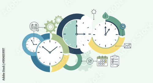 Flat lay of colorful clocks and business icons on a light green background, conveying a sense of time management and productivity in a business setting.