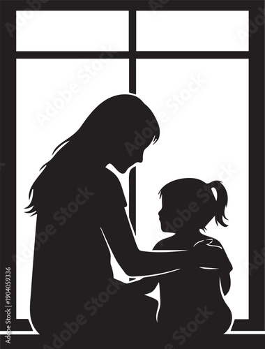 Mother and child silhouette looking at each other, window background, intimate moment