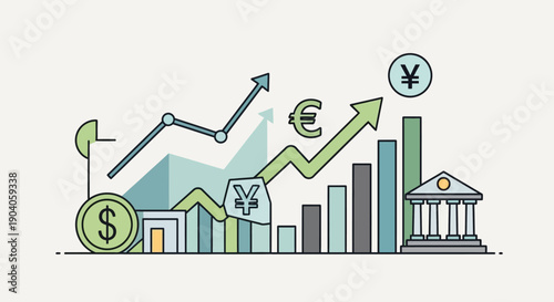 Financial growth and currency exchange concept with charts and bank building.