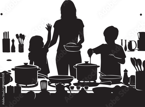 Mother and children cooking at stove silhouette with multiple pots and pans on burners showing active family kitchen collaboration
