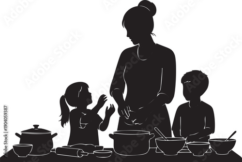 Silhouette family cooking in kitchen mother and kids prepare food together concept of family leisure and domestic activity