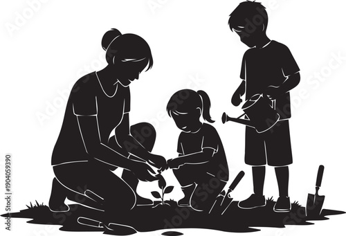 Family gardening silhouette with mother and children planting young sprout in soil using watering can and small trowel outdoors