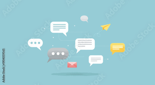 Illustration of various colorful speech bubbles and communication icons on blue background.